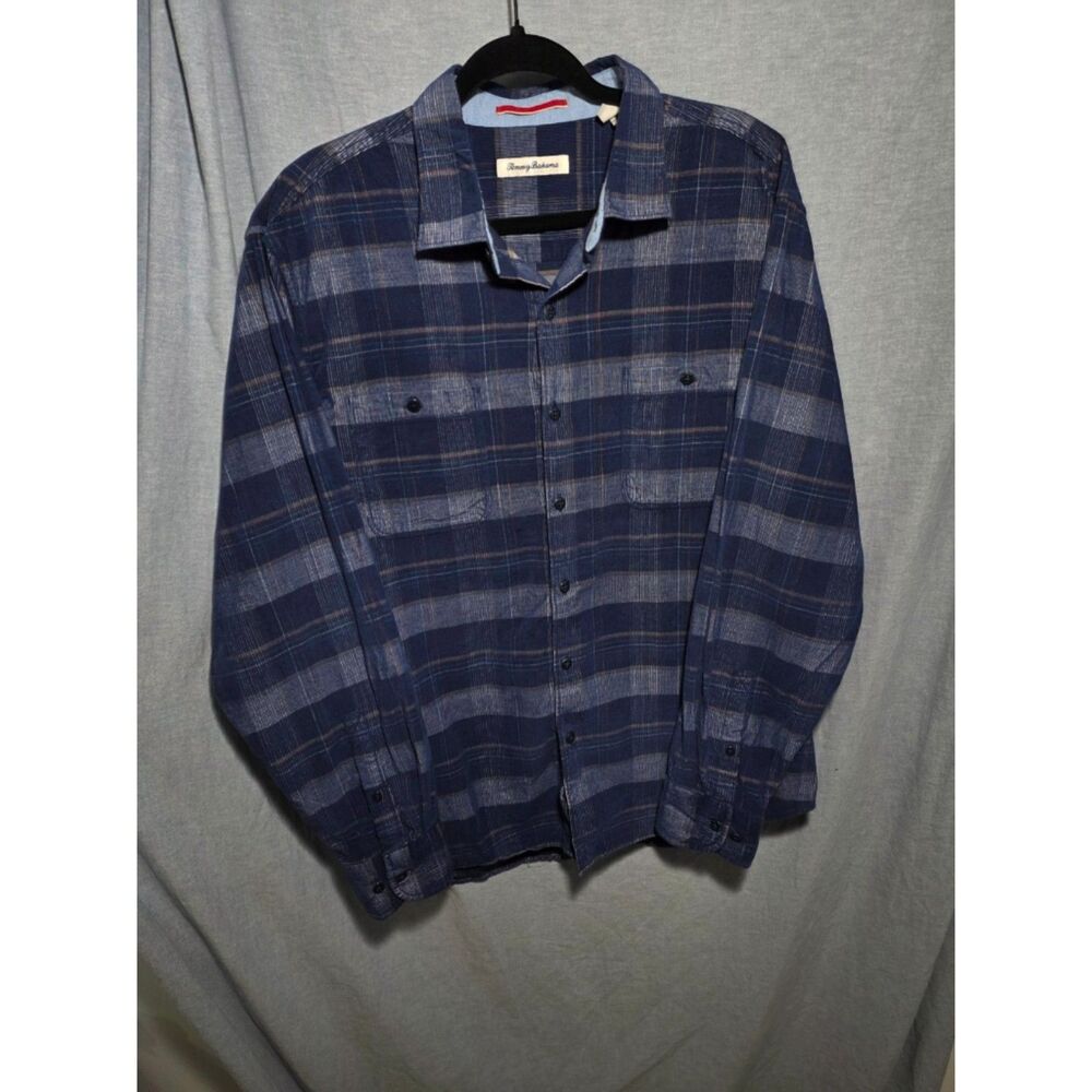 Tommy Bahama Coastline Navy Plaid Fine Micro Cord Shirt Mens Large T323649
